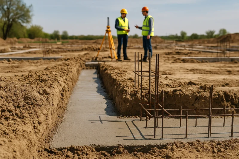 Proces betoniranja temeljne trake sa vidljivom armaturom na profesionalnom gradilištu BMD Gradnje.