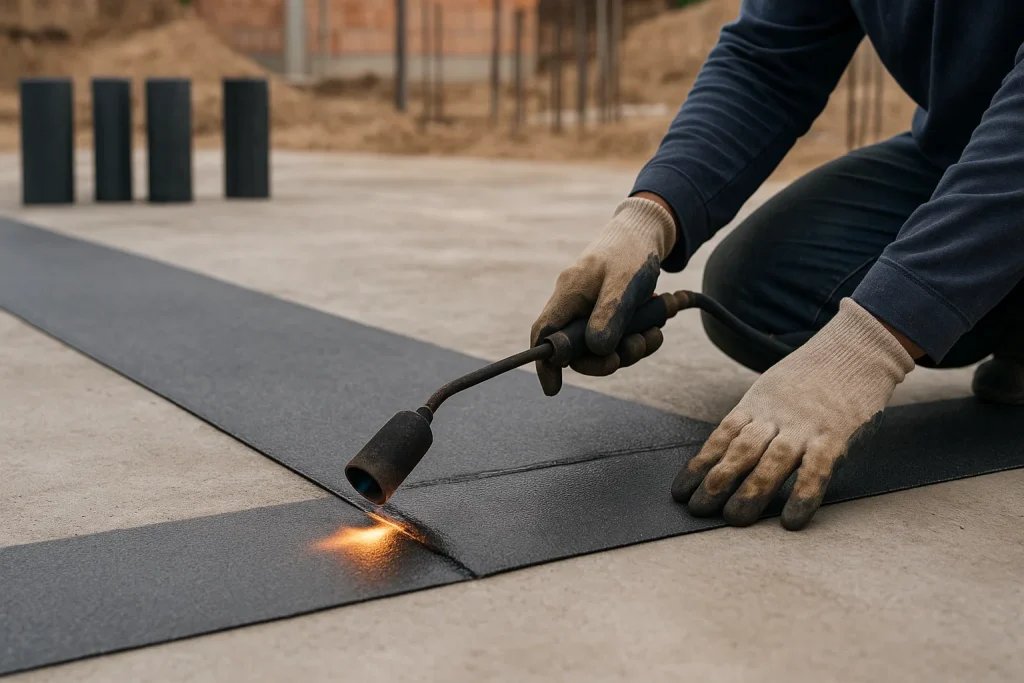 Majstor vari plamenikom bitumensku traku za horizontalnu hidroizolaciju na temeljnoj ploči, obezbeđujući nepropusan preklop.