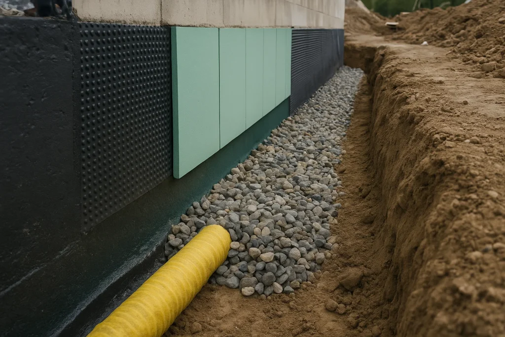 Kompletan sistem zaštite temelja: XPS termoizolacione ploče, drenažna čepasta folija i drenažna cev u šljunku.