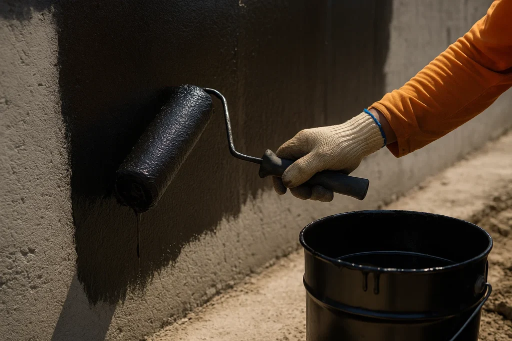 Radnik nanosi crni bitumenski premaz velikim valjkom na goli betonski zid kao pripremu za vertikalnu hidroizolaciju.