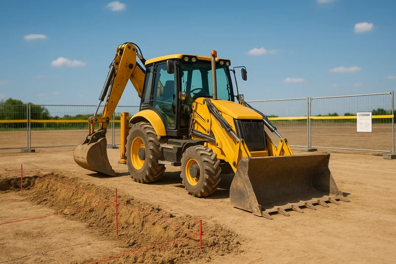 Mašinski iskop temelja za kuću. Žuta kombinirka i obeleženo gradilište BMD Gradnje.