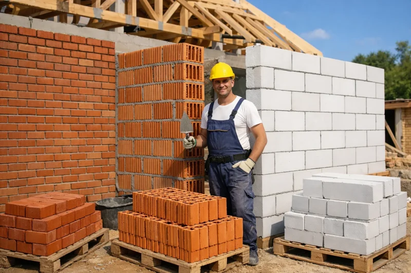 Uporedni prikaz zidanja tri različita materijala: puna cigla, glineni blok i Ytong/siporex blok na gradilištu kuće.