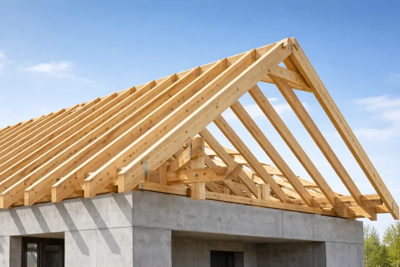 Kompletna drvena krovna konstrukcija od svetlog drveta na novoj kući pod plavim nebom.
