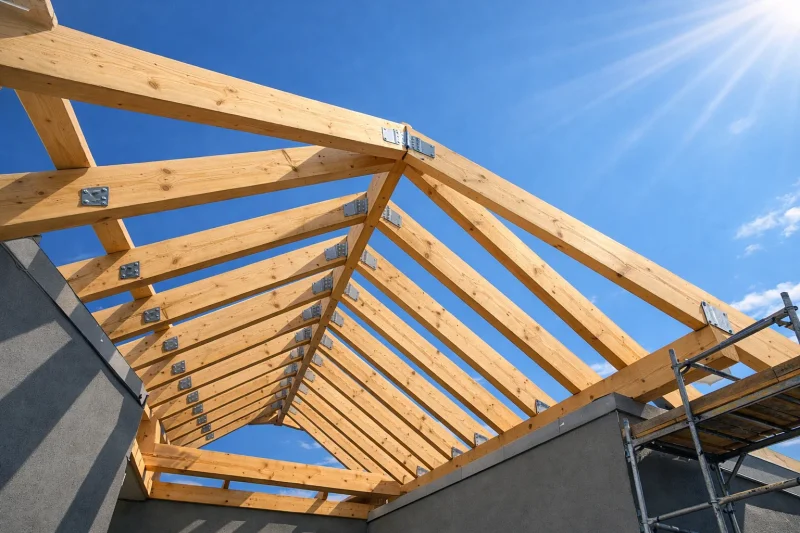 Nova drvena krovna konstrukcija na porodičnoj kući u sivoj fazi gradnje.